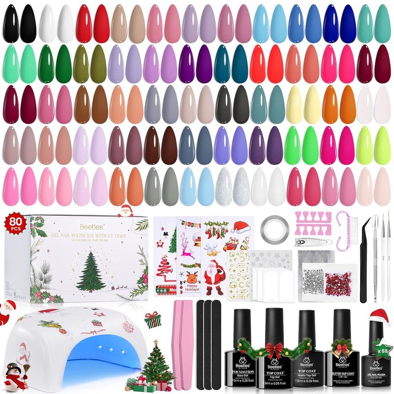 Beetles 80 Pcs Christmas Gel Nail Polish Kit with U V Light - 55 Color Gel Nail Kit Gifts for Women Soak Off Color Enchantment Winter Red Nails Art Home DIY Salon Beginners Manicure Set
