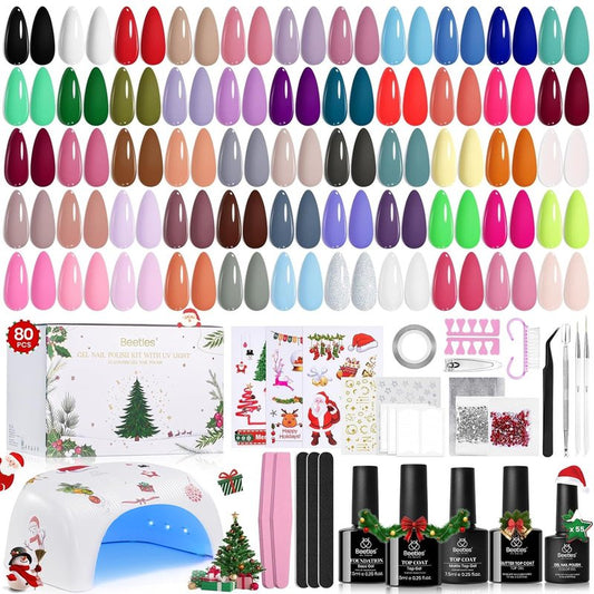 Beetles 80 Pcs Christmas Gel Nail Polish Kit with U V Light - 55 Color Gel Nail Kit Gifts for Women Soak Off Color Enchantment Winter Red Nails Art Home DIY Salon Beginners Manicure Set