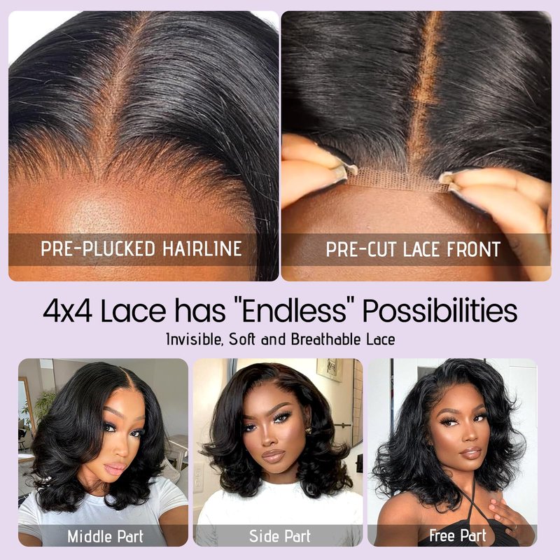 UVVUVV Bob Wig Human Hair 4x4 Frontal Lace Wig 10 Inch Body Wave 180% Density HD Lace Front Wigs Human Hair Pre Plucked Bob Wigs for Women (10 inch, Natural Black)