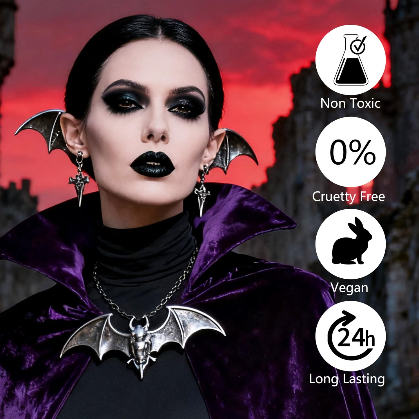Black Eyeshadow Palette Liquid Lipstick Eyeliner Set with Mini Brush, Smokey Eye Shadow Black Lip Gloss lip liner Set, Smudge Proof Long-lasting, Suitable for Halloween Cosplay Goth Witch Makeup