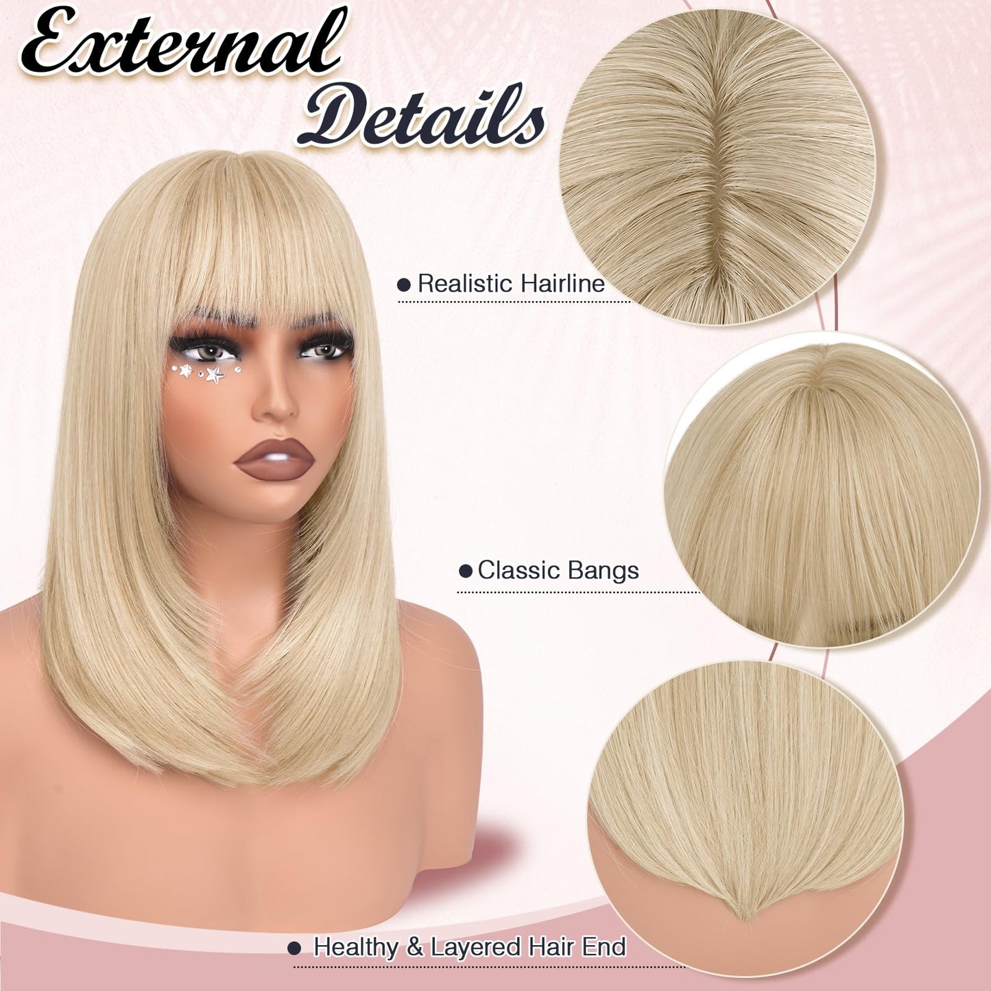 Haloo Blonde Bob Wigs with Bangs Shoulder Length Straight Natural Looking Synthetic Heat Resistant Medium Hair Wigs for Women Daily Party, 16 Inch Platinum Blonde