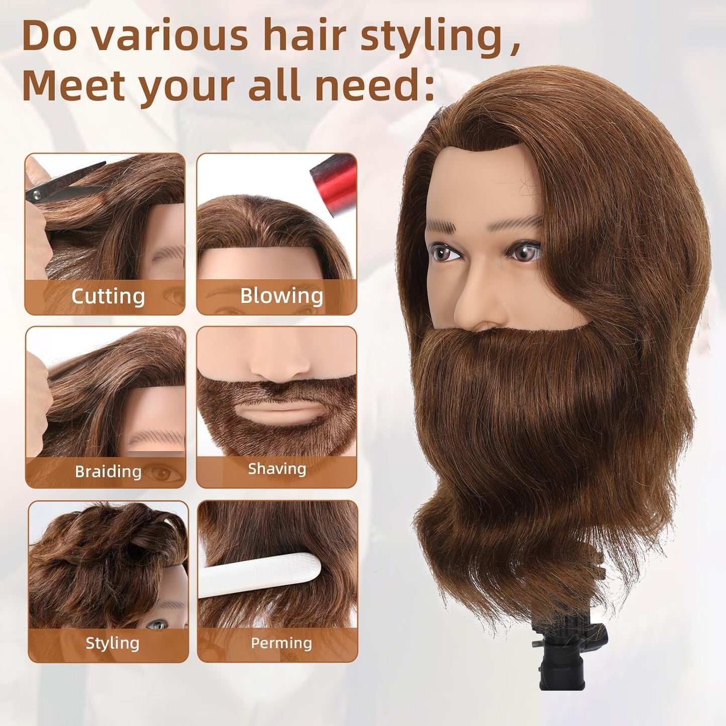 TKIMHEQ 14" Male Mannequin Head with Beard 100% Human Hair Haircut Manikin Head for Cosmetology Straight Thick Hair Doll Head with Human Hair with Stand Practice Cutting Styling (Brown#)
