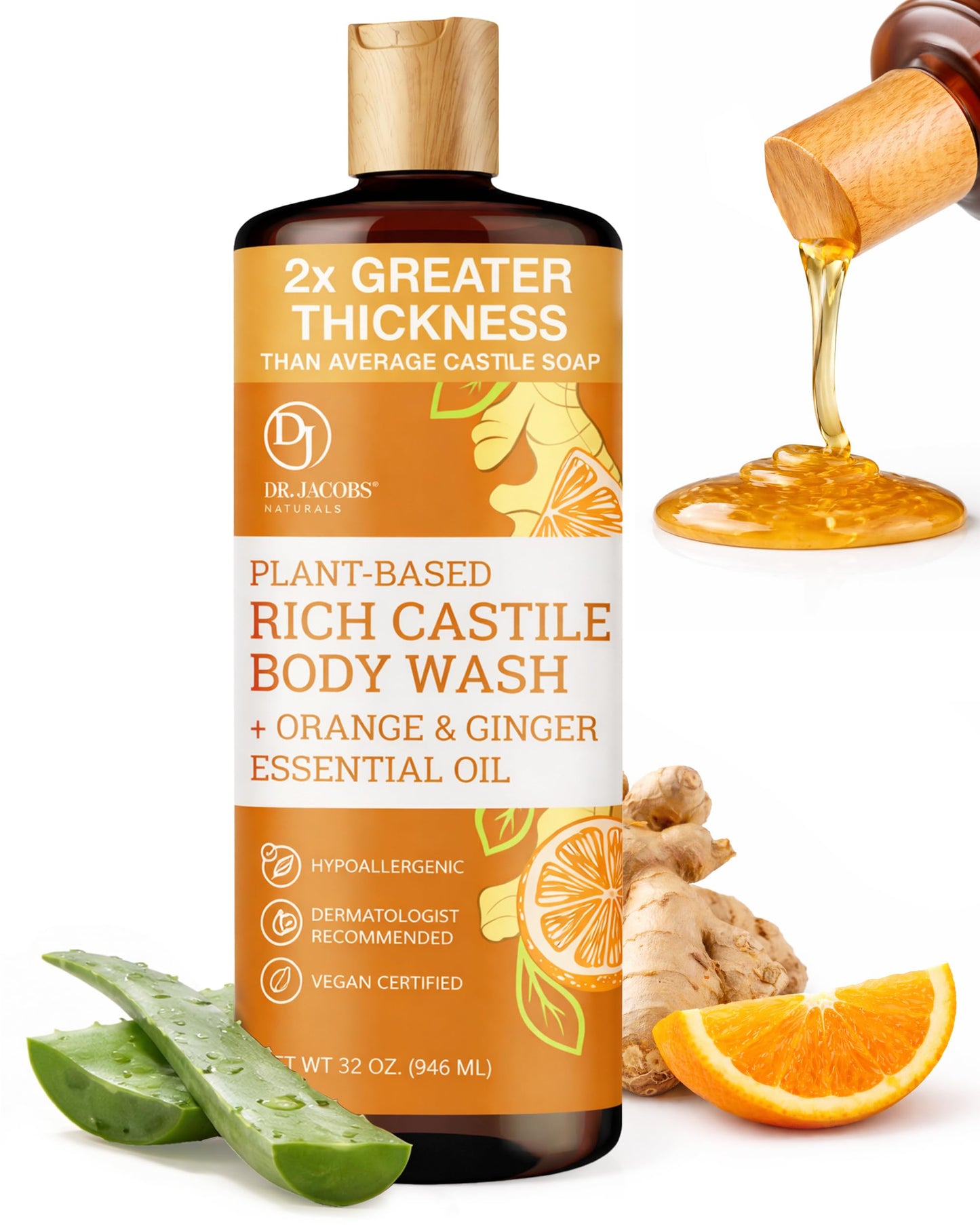 Dr. Jacobs Naturals Pure Castile Soap Liquid Body Wash, Orange & Ginger - Plant Based Soap Infused with Vitamin E & Aloe Vera to Moisturize Dry and Sensitive Skin - Made in The USA - 32 oz, Pack of 1