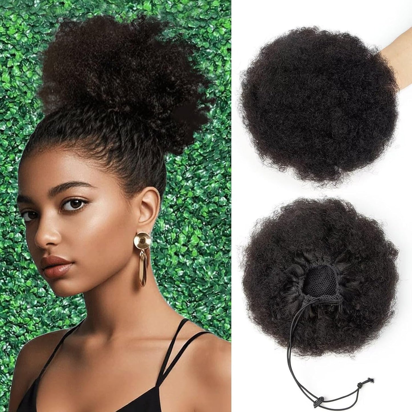 Afro Puff Clip-On Ponytail Extension - 8 Inch Natural Black Human Hair | Kinky Curly Bun for Black Women