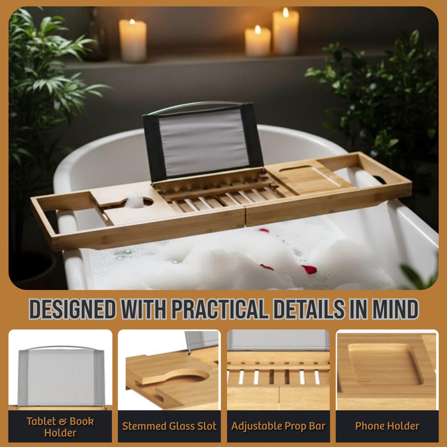 Bamboo Bathtub Caddy Tray with Extending Wood Sides -Fits Any Bath, Hot Tub and Jacuzzi