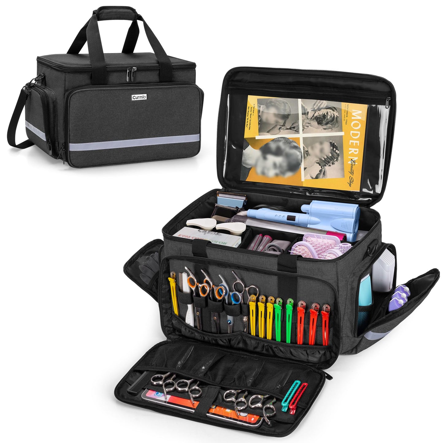 CURMIO Barber Travel Case, Large Capacity Hairdresser Storage Bag with Inner Dividers for Hair Clippers and Cutting Tools, Black, Bag Only
