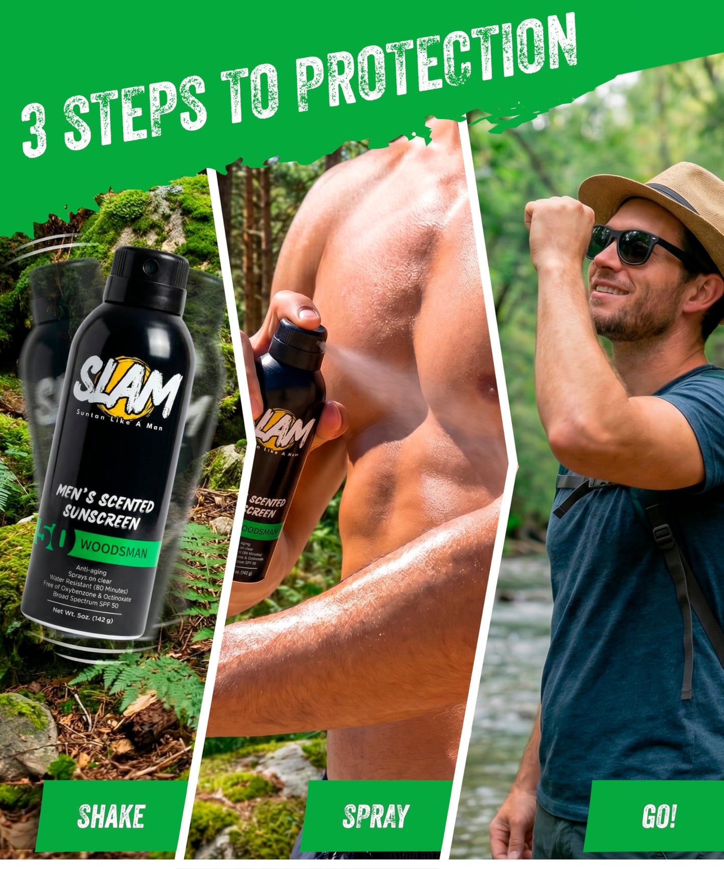 SLAM Men’s Sunscreen SPF 50 Spray - Broad Spectrum UVA/UVB Protection - Non-Greasy & No Harsh Chemicals - WoodsMan Sandalwood Teakwood Bergamot Cologne Scented - 2 Pack