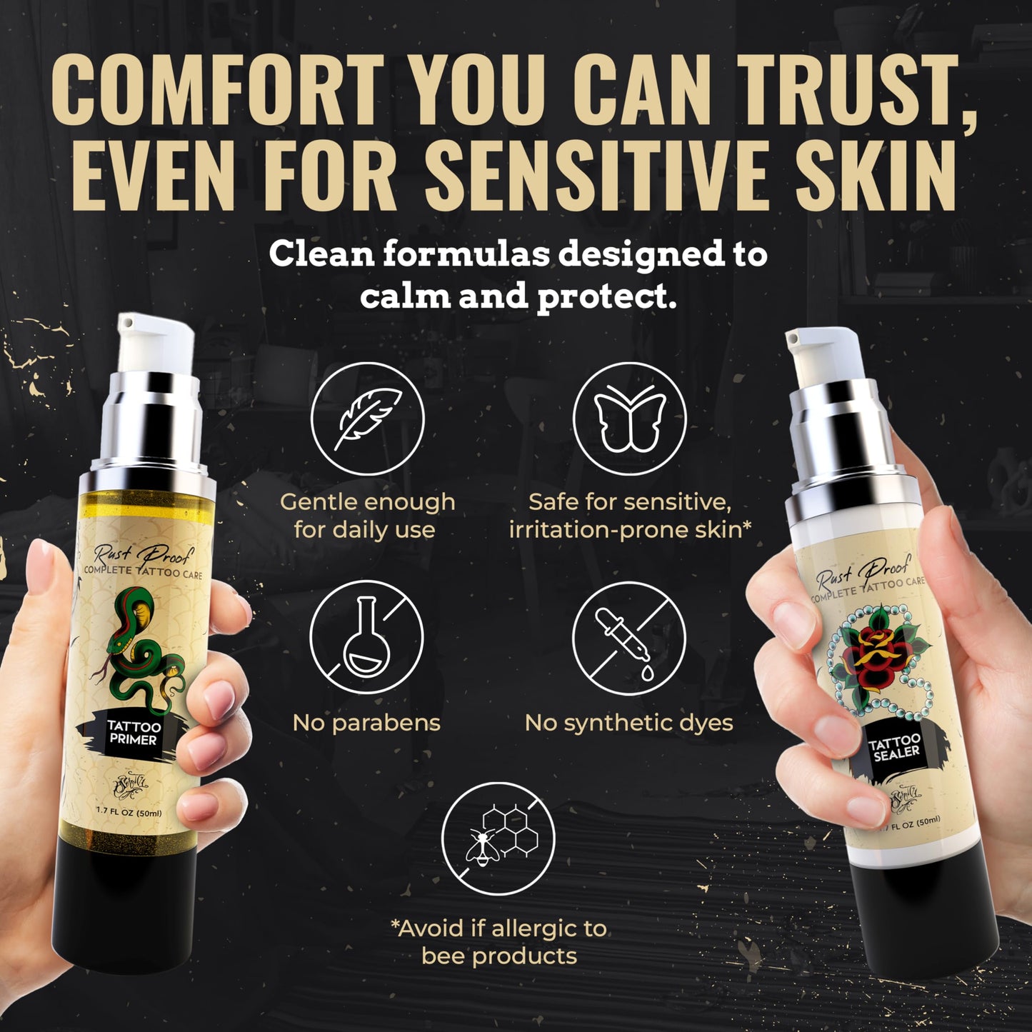 Rust Proof Complete Tattoo Care – Comprehensive Pre & Post Tattoo Skincare Set with Body Oil & Moisture Sealing Body Lotion – Lightweight Hydration & Moisture Barrier Protection – 2- Piece Bundle
