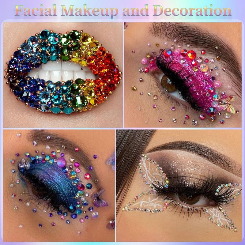 Nail Art Rhinestone Colorful Rhinestones Round Glass Gems Ab & Silver Flatback Crystal Diamonds with Tweezers and Wax Pencil Suitable for Nail Makeup Art Design and DIY Craft Projects