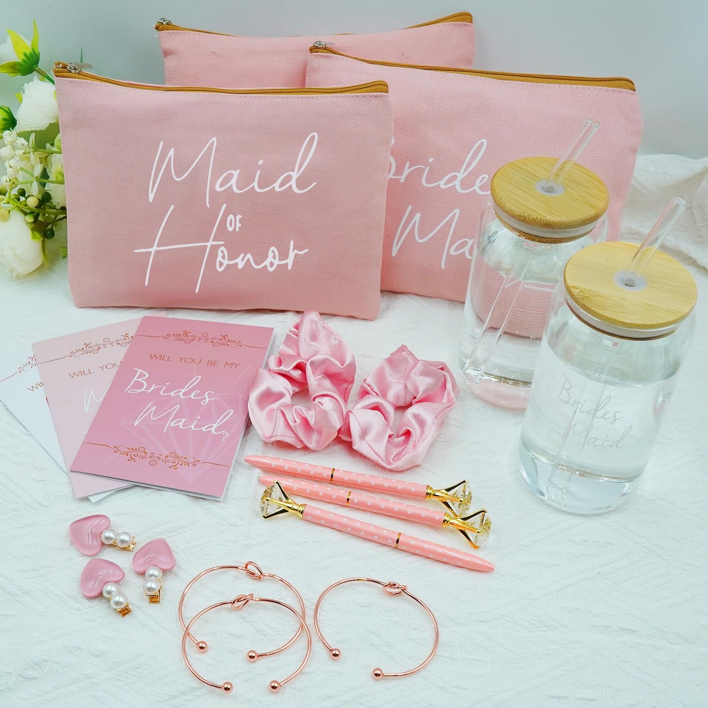 KIKINIKO Bridesmaid Gifts Set of 6 Pink, Total 42 pcs, Bridesmaid Proposal Gifts Contain 16oz Glass Cups Cosmetic Makeup Bags Invited Cards Scrunchies Hair Knotted Bracelets Diamond Pens love clip