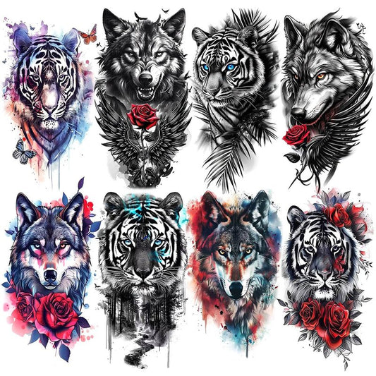 Oottati 8 Sheets Waterproof Body Art Arm leg Temporary Tattoo Sticker Realistic Animal Watercolor Lifelike Sketch Wild Wolf Forest Tree Red Rose Flower Tiger