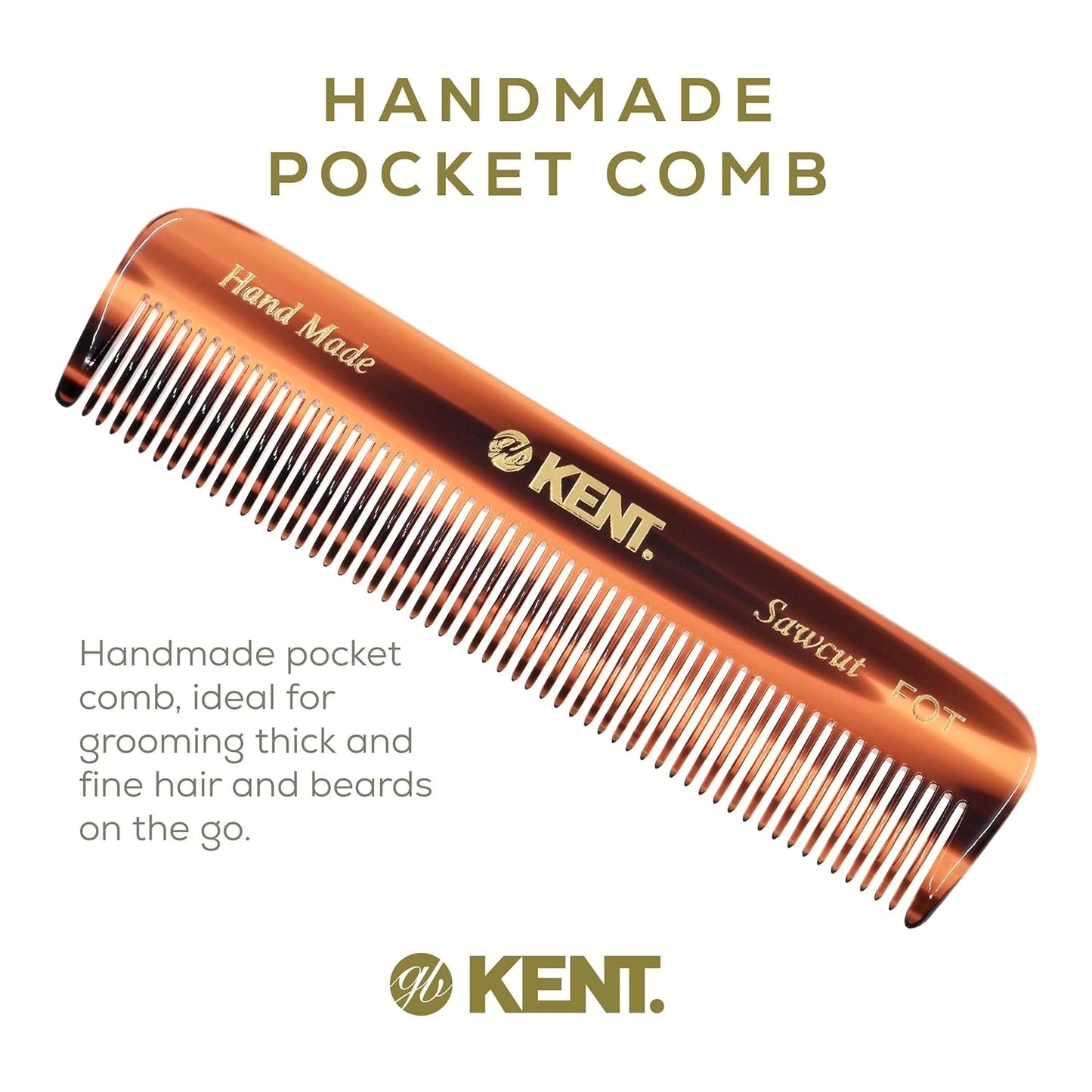 Kent FOT Tortoise Fine Tooth Comb - Handmade Pocket Comb for Men | Travel, Styling, Beard Care