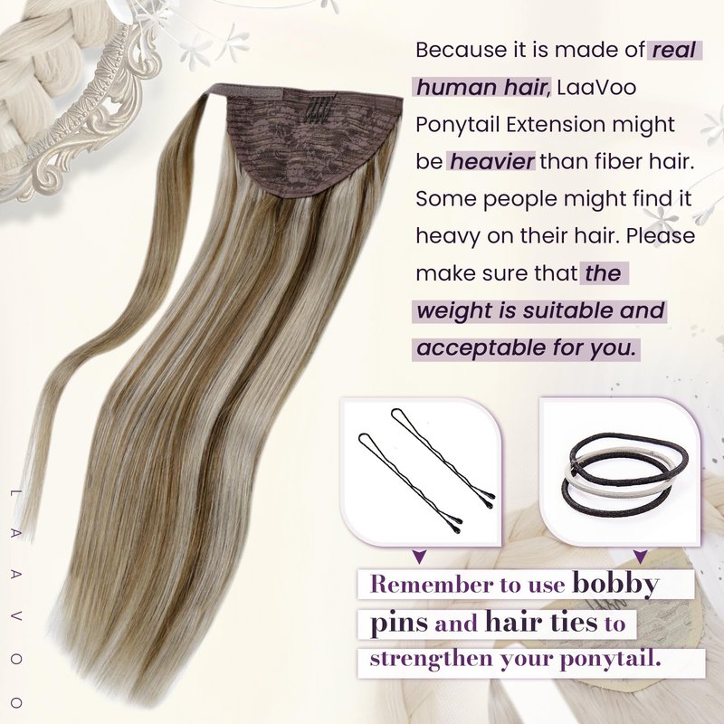 LaaVoo Ponytail Extension Human Hair Blonde Ponytail Hair Extensions Gloden Brown Highlights Light Blonde Human Hair Ponytail Extension Short Straight 12 Inch 75g