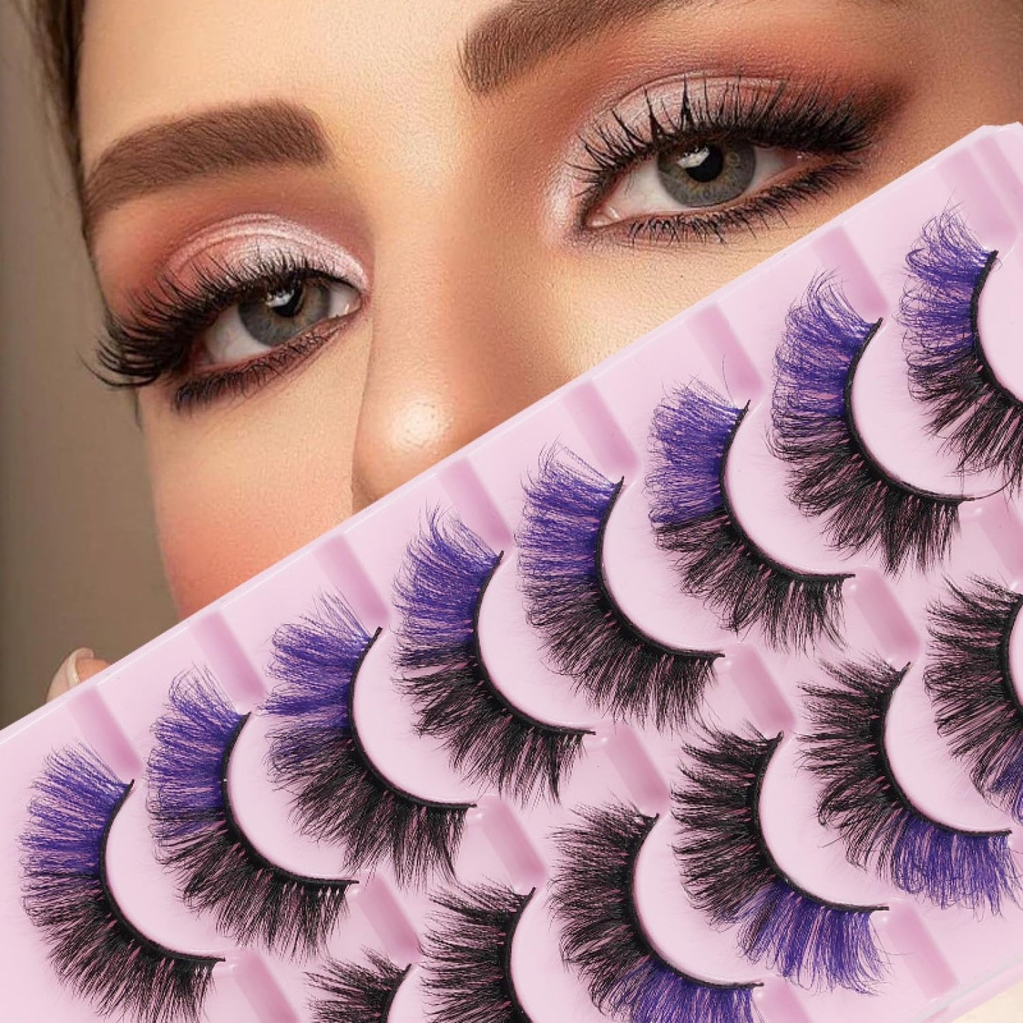 Chunmeng False Eyelashes Reusable Natural Look Easy Daily Use Voluminous Lashes for Party Perfect for Makeup Hypoallergenic +Pink tweezers (Purple+Black)