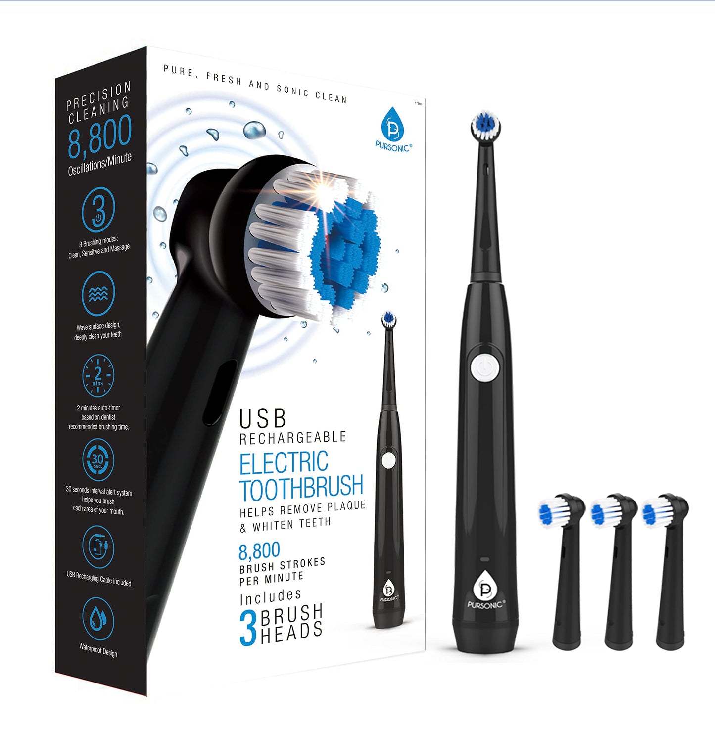Rotating Electric Toothbrush for Adults with 3 Brush Heads - Toothbrush Electric with 3 Cleaning Modes - USB Rechargeable Toothbrush with 2 Minute Smart Timer (Black)