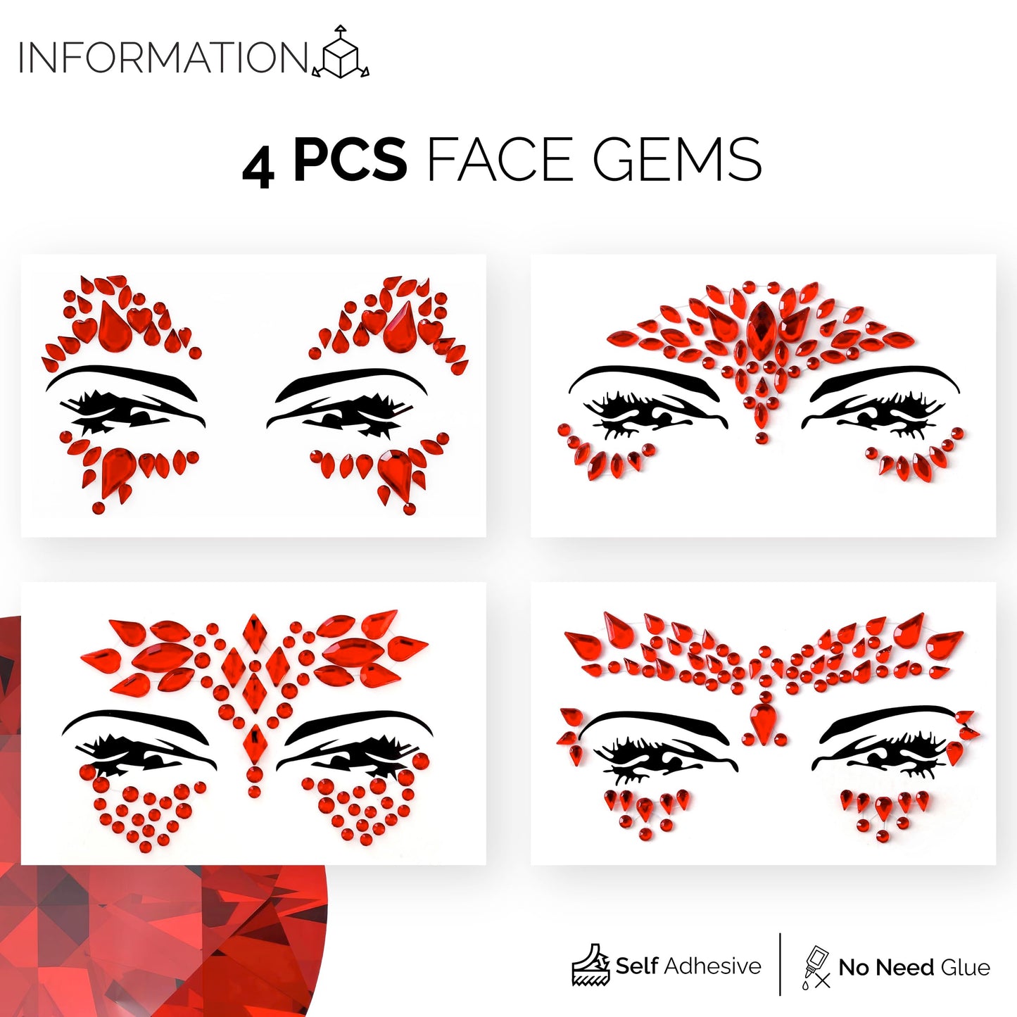 Face Gems - Self-Adhesive Jewels for Festival, Rave Party, Halloween Body Makeup - Glitter Tattoo Sticker, Rhinestone for Eyes, Face, Body (4 PCS RED)