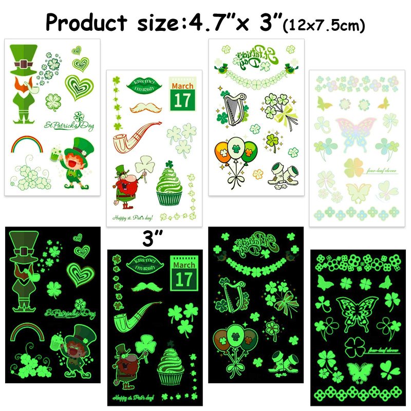 St.Patricks Day Tattoos, 12 Sheets Kids Glow in Dark Tattoos, 100+ Pcs St Patricks Day Stickers, St. patrick's Day Temporary Tattoos Shamrock, Amazing Irish St Patricks Day Decorations Party Favors