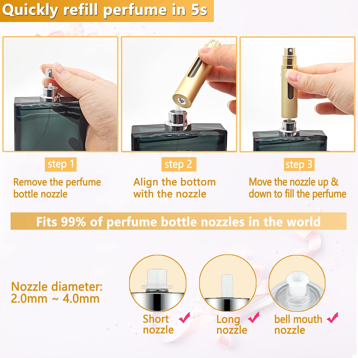 ANTOKX Perfume Travel Refillable Atomizer - 3-Pack 5ML Pocket Perfume Bottle, Travel Perfume Atomizer Refillable Perfume Spray Bottle, Portable Perfume Sprayer (Black & Gold & Silver)