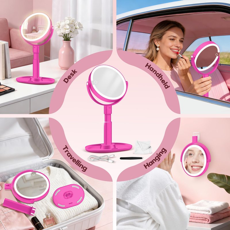 MOMOKUBA Makeup Mirror with Lights, 30X Magnifying & Height Adjustable, Lighted Magnifying Mirror with 3 Light Modes and Stepless Dimming, Vanity Mirrors for Bathroom, Birthday Gift for Women, Hotpink