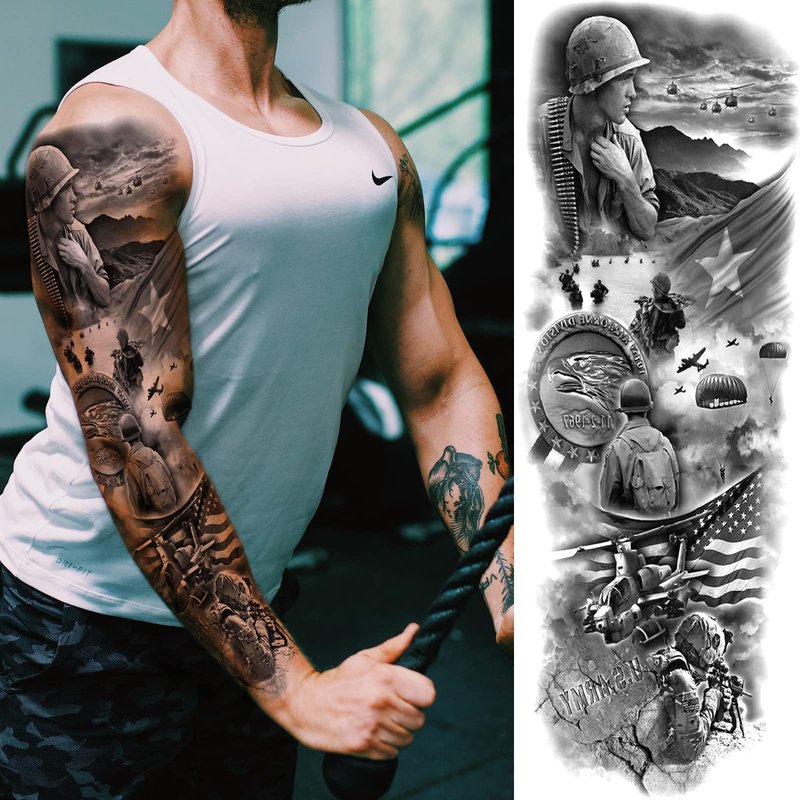 Military Tempoary Tattoo Sleeves For Men, Large Full Arm Warrior Soldier Patriotic Fake Tattoo Sleeves Adult Women, Waterproof Black Lion Gun Warrior Temp Tatoo Sticker Leg Body Art Makeup, 8-Sheet