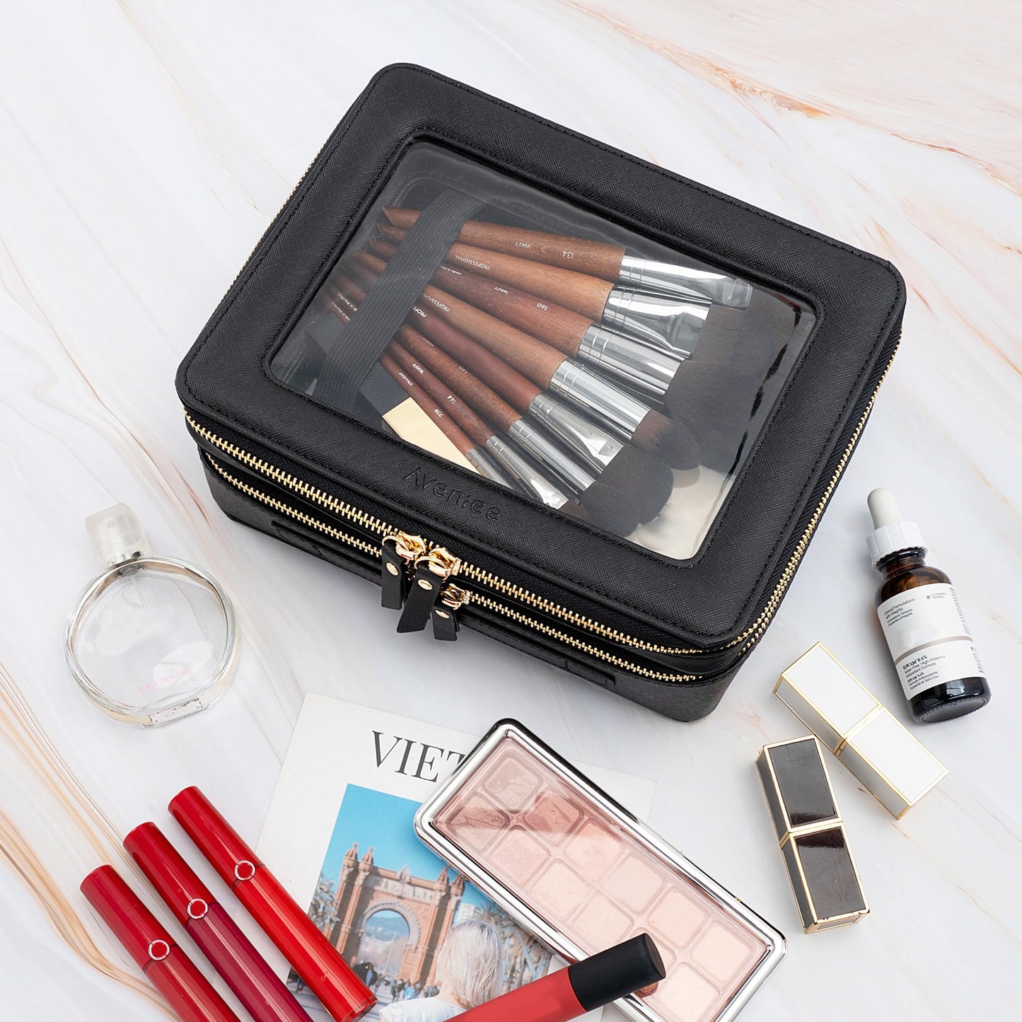 Aveniee XL Clear Makeup Organizer,Double Layer Travel Cosmetic Case with Brush Holder & Zippered Compartments,Big Toiletry Bag for Travel Accessories,2 Layers Large,Black