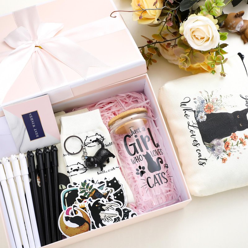 Aliceset 62 Pcs Cat Lover Gifts for Women Sets Include Tote Makeup Bag 18oz Glass Coffee Mugs Socks Pen Keychain Greeting Cards Cat Themed Gifts for Women Friend