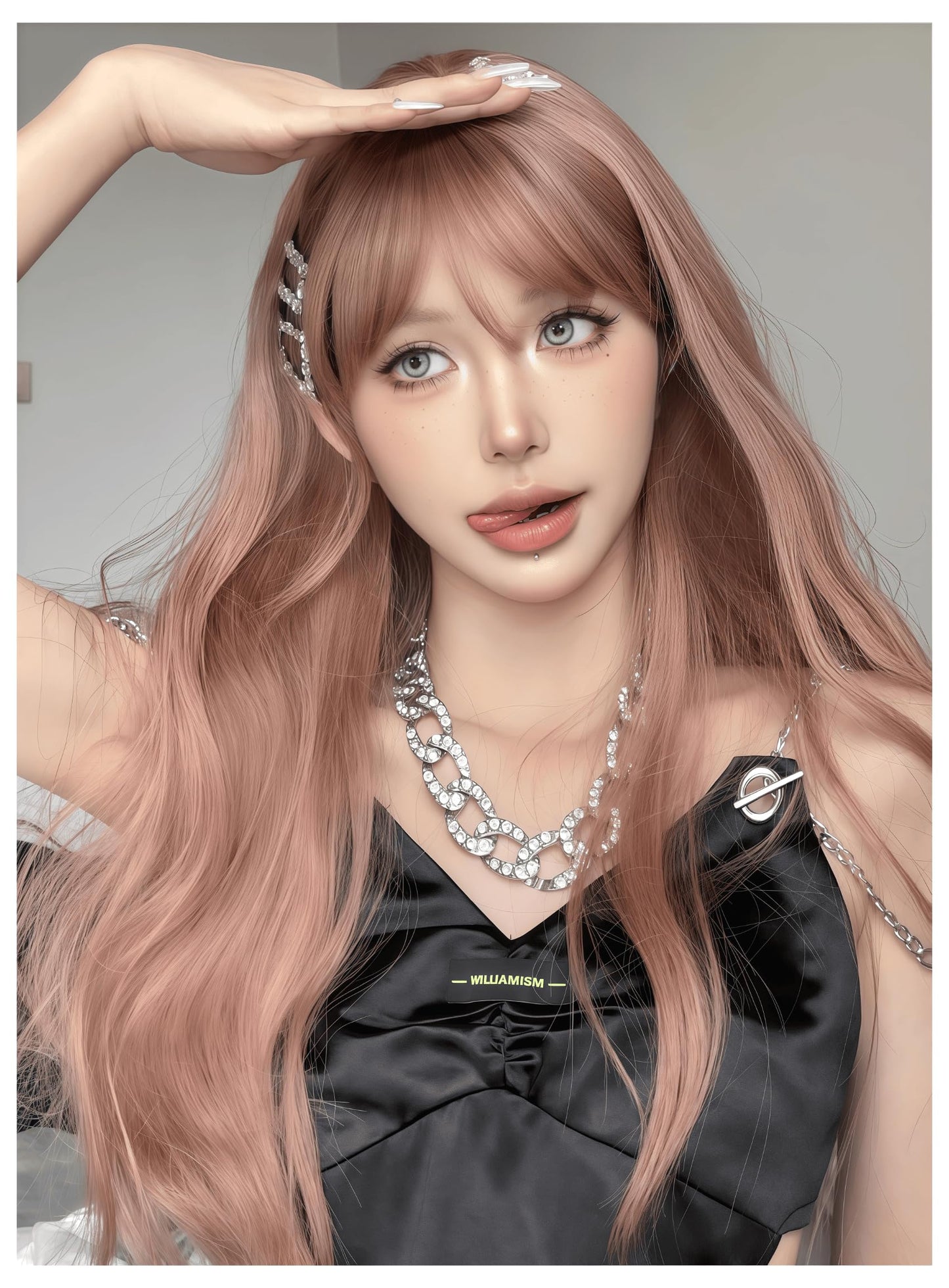Aadesso Peach Pink Long Straight Wig 65cm Blunt Bangs Daily Synthetic Hair for Women East Asian Fashion K-pop Style Sweet Fresh Heat Resistant wig cap (25.6 Inch)