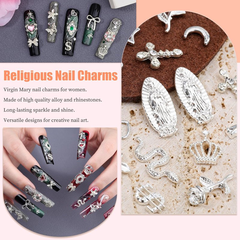 220Pcs Silver Nail Charms, 24 Styles 3D Cross Nail Charms Pink Heart Nail Rhinestones Bow Butterfly Star Crown and Virgin Mary Y2K Shiny Jewelry with Tweezer for Nail Art Supplies