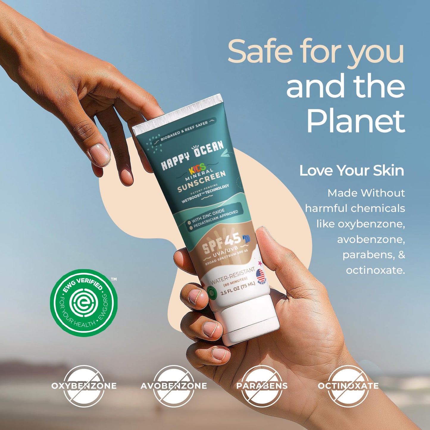 Happy Ocean Kids Mineral Sunscreen SPF 45 – Reef Safe, Non-Toxic for Babies & Toddlers, Zinc Oxide, Water Resistant, Travel Size, Face & Body