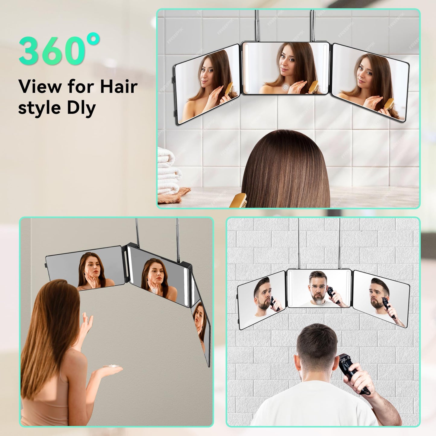 Moruedtu 3 Way Mirror with LED Lights & 360° View,See Back of Head Trifold Barber Mirror for Self Haircut, Shaving & Braiding, Portable Travel Design with Hook for Home,Men & Women (Black)