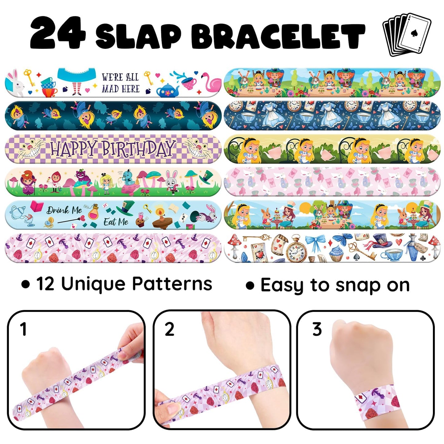 96 Pcs Alice Party Favor Set - Slap Bracelets & Tattoos, Fairytale Princess Birthday Gifts for Girls, Tea Party Decorations, Bulk Toys for Kids