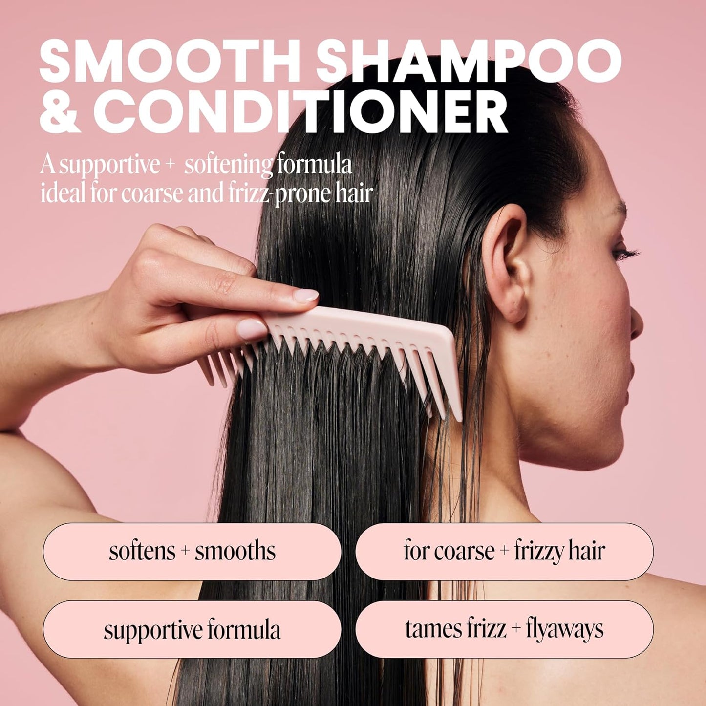 Smooth Shampoo and Conditioner Set for Frizzy Curly Hair - 12 oz Each | Coconut Oil & Shea Butter, Pink