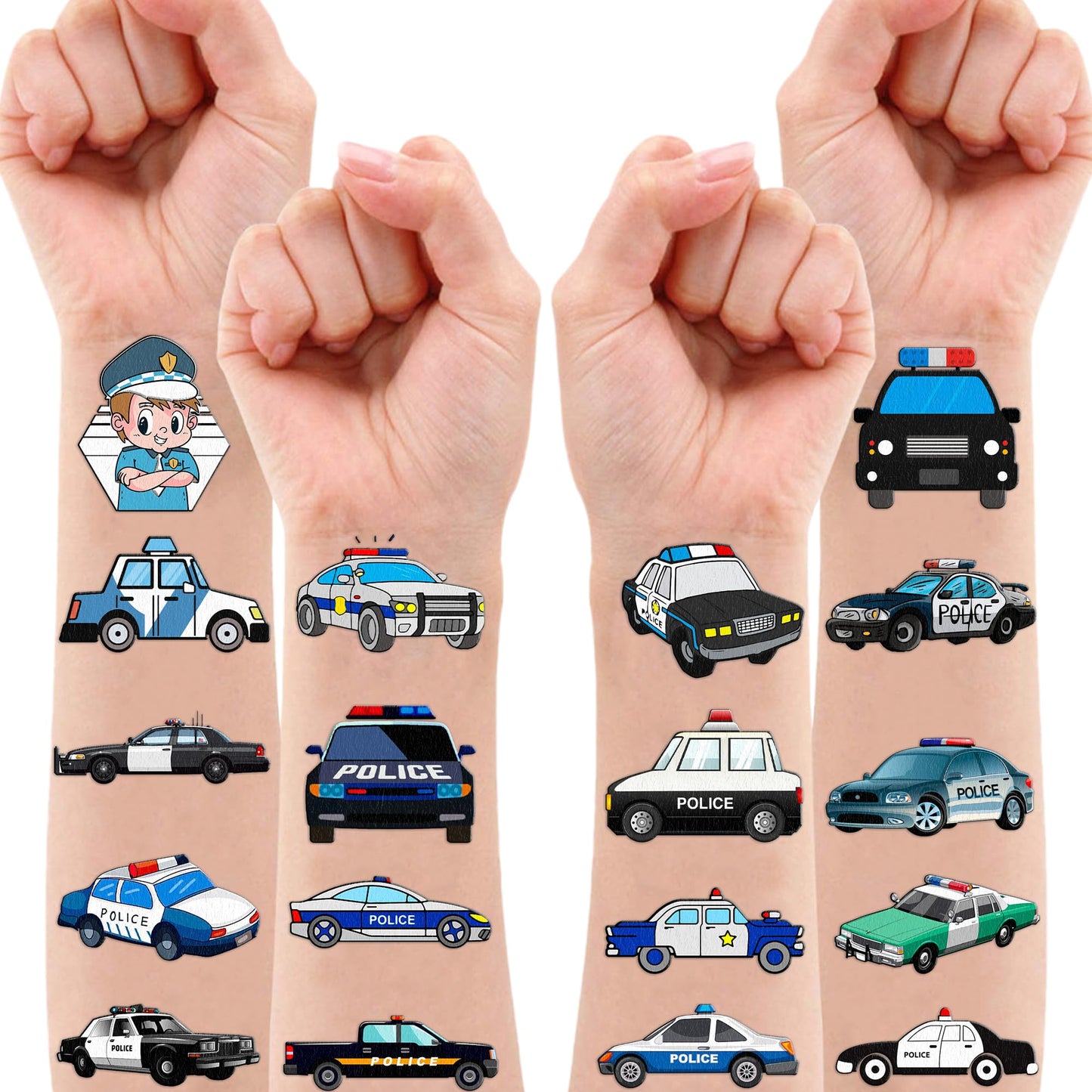 107 PCS Police Car Party Favors Temporary Tattoos Themed Decorations Décor police birthday party supplies Officer Policeman Blue Tattoo Stickers Gifts For Boys Girls Class Prizes Rewards Cartoon