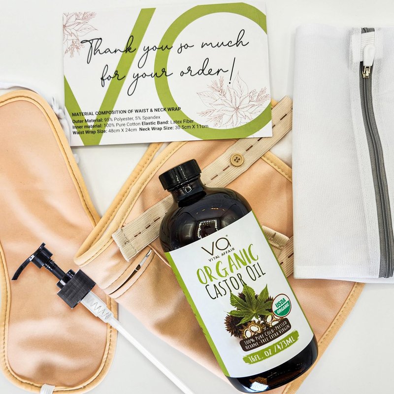 Castor Oil Pack Wrap Kit – USDA Organic, 16 oz Cold-Pressed Hexane-Free Castor Oil in Glass Bottle | Adjustable Cotton Flannel Waist & Neck Wraps | Made in USA | Liver, Abdominal & Detox Therapy