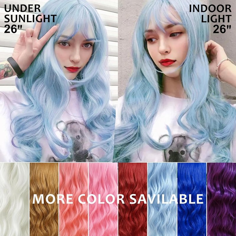 NOSTALGIA Blue Wigs for Women - 26 Inch Long Wavy Synthetic Wig with Bangs | Heat Resistant for Daily Cosplay