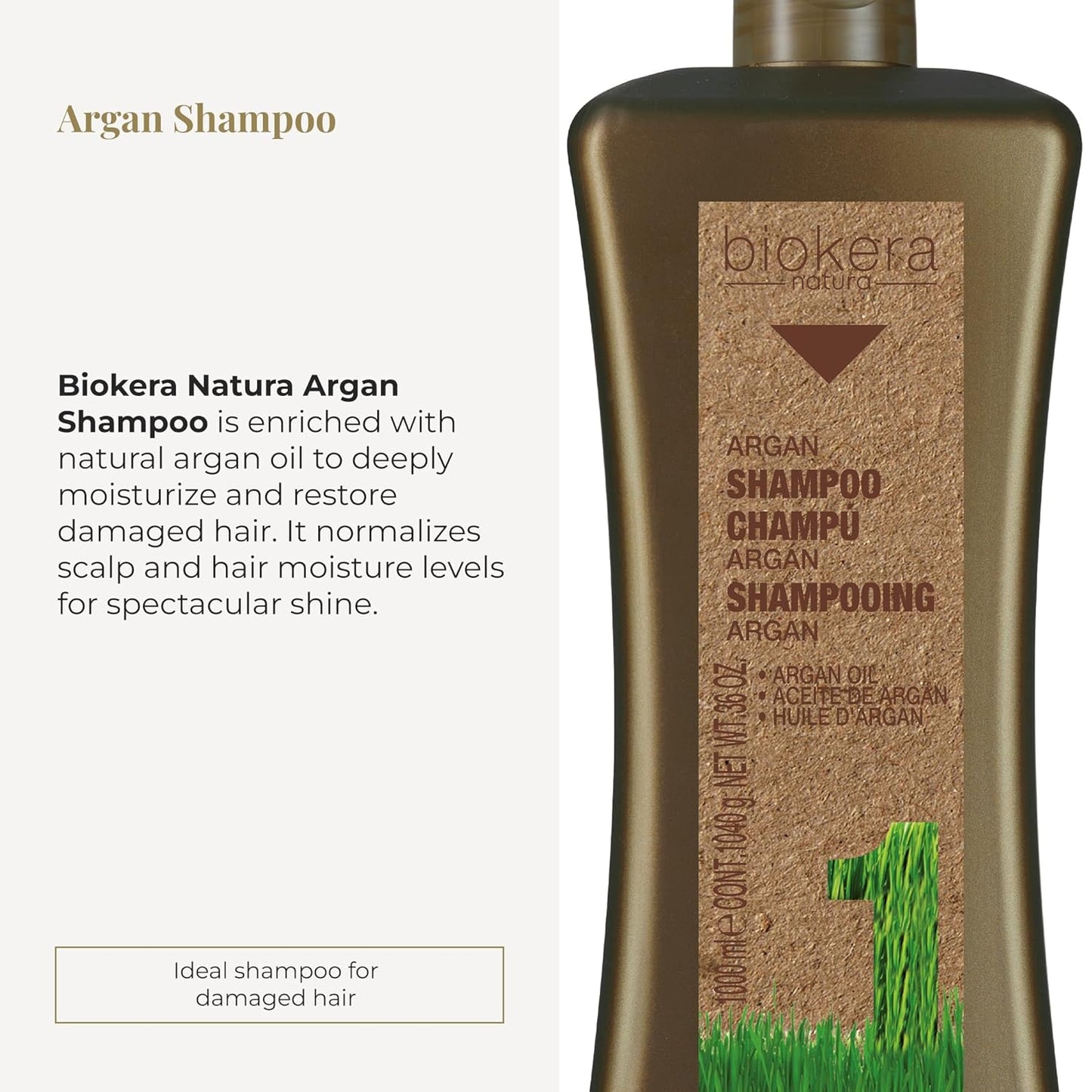 Salerm Argan Shampoo Biokera Natura - Deep Hydration for Damaged Hair - 1000ml | Argan & Cotton Oil