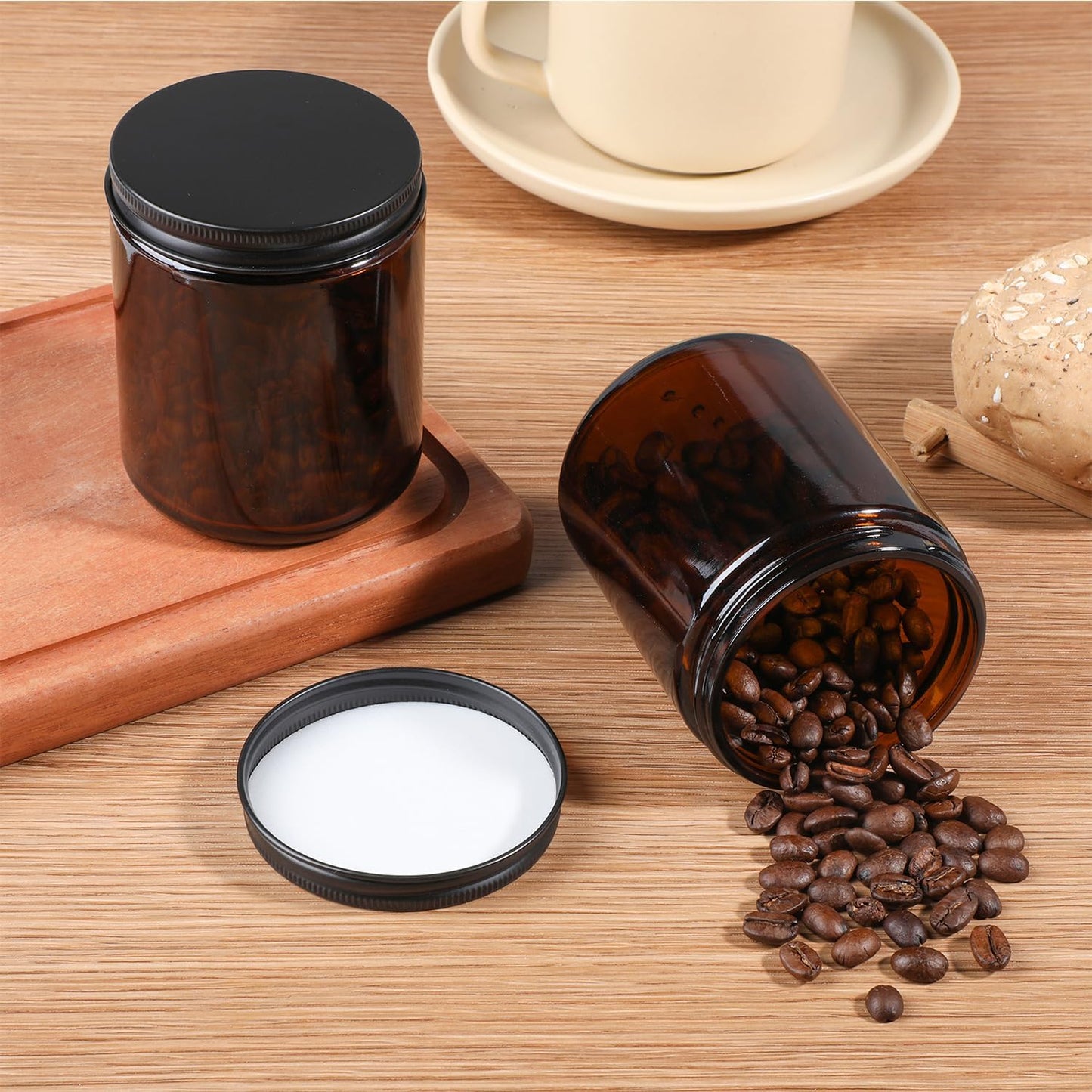 Amber Glass Jars - 12 Pack 8 Oz Leakproof Storage Containers with Black Metal Lids | Perfect for Spices & Liquids