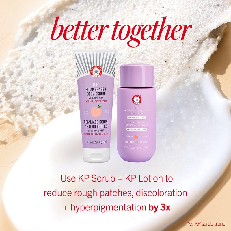 First Aid Beauty KP Smoothing + Brightening Body Lotion, 10% AHA with Lactic Acid, Urea & Colloidal Oatmeal, Exfoliate & Moisturize Keratosis Pilaris Bumps, Peach Scent, 6.7 fl oz