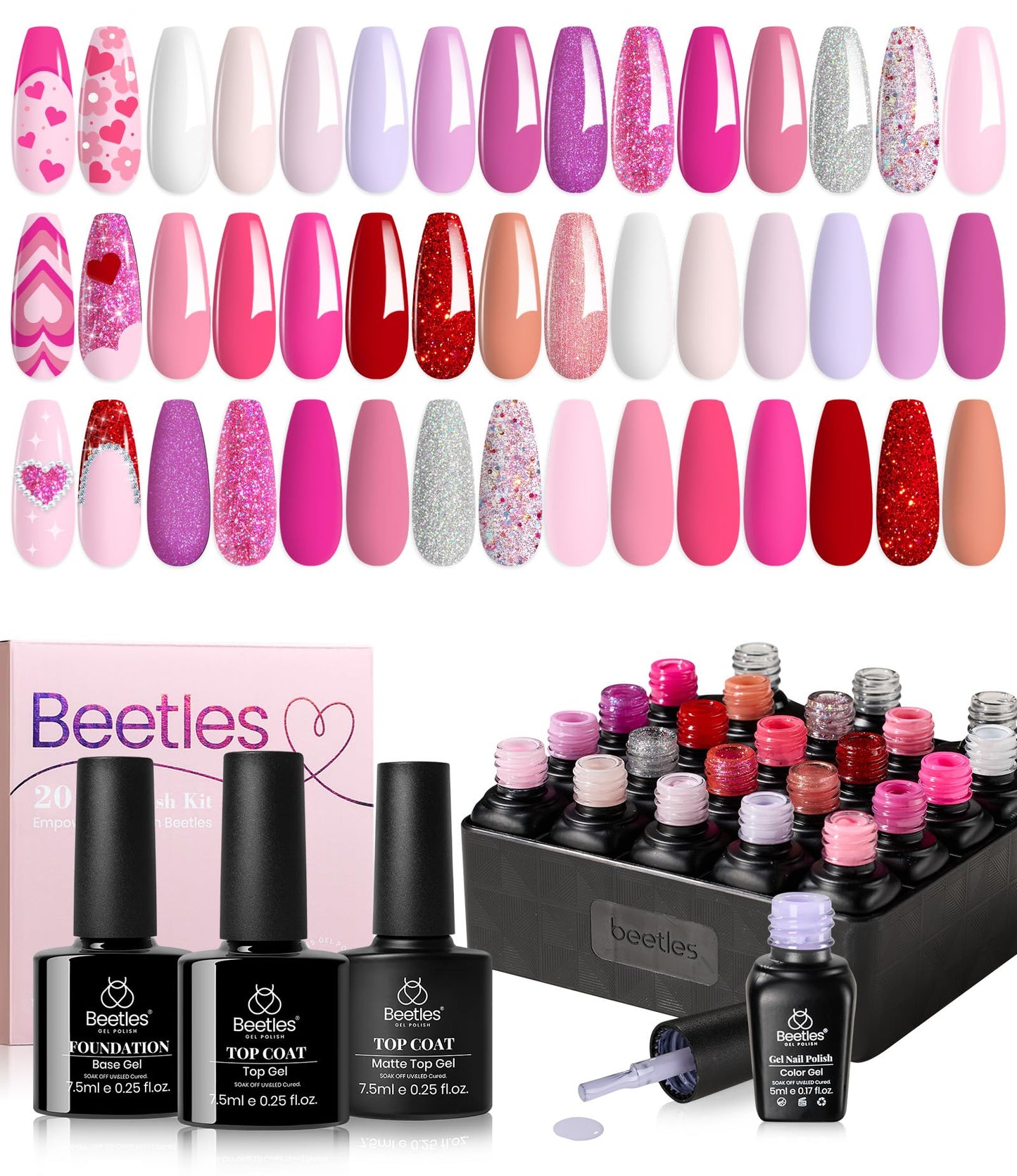 Beetles Gel Nail Polish Kit 20 Colors Nude Pink Purple Glitter Red Manicure Kit and Nail Art Brushes Set Gel Polish Nail Art Design Pen Painting Tools.