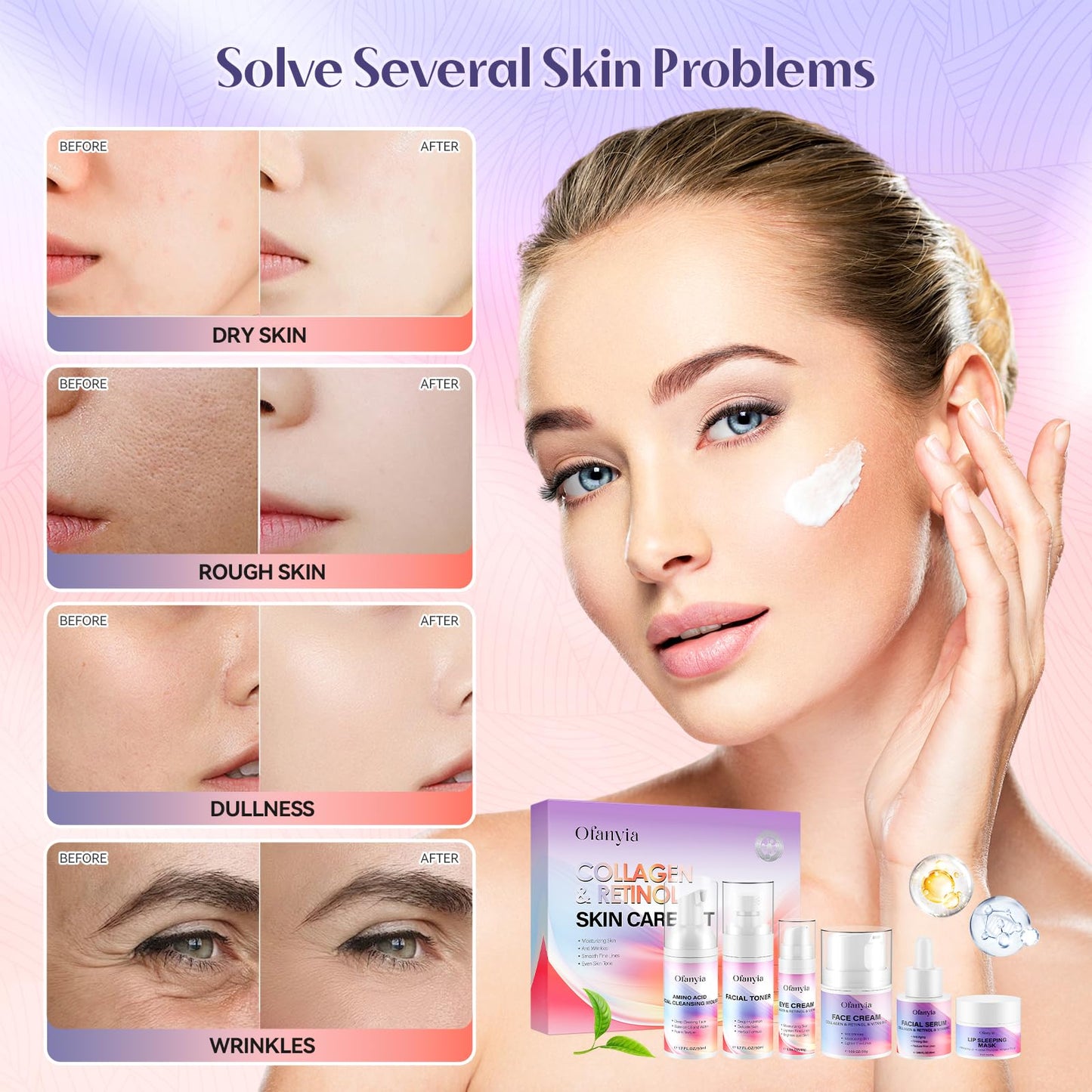 Collagen Retinol Skincare Set, 6 Pcs Anti-Aging Skin Care Set with Hydrating Cleanser, Eye Cream, Toner, Cream & Lip Mask, Facial Kit for Women, Birthday Gift for Her