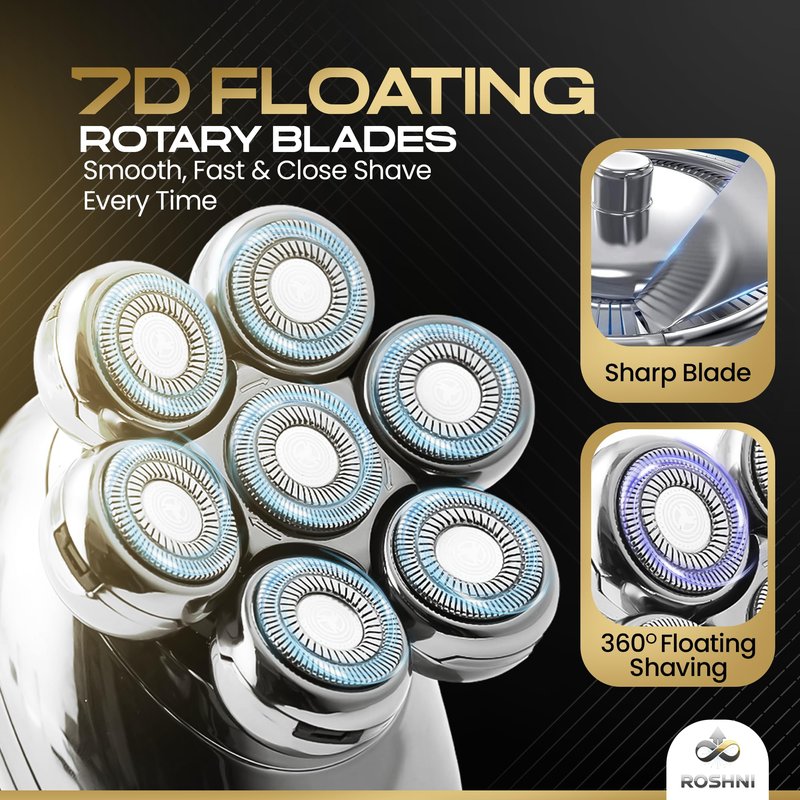 ROSHNI Head Shavers for Bald Men – 7D Electric Head Shaver with Magnetic Detachable Head, IPX7 Waterproof Wet & Dry, LED Display Rechargeable Razor for Men, Cordless Grooming Kit