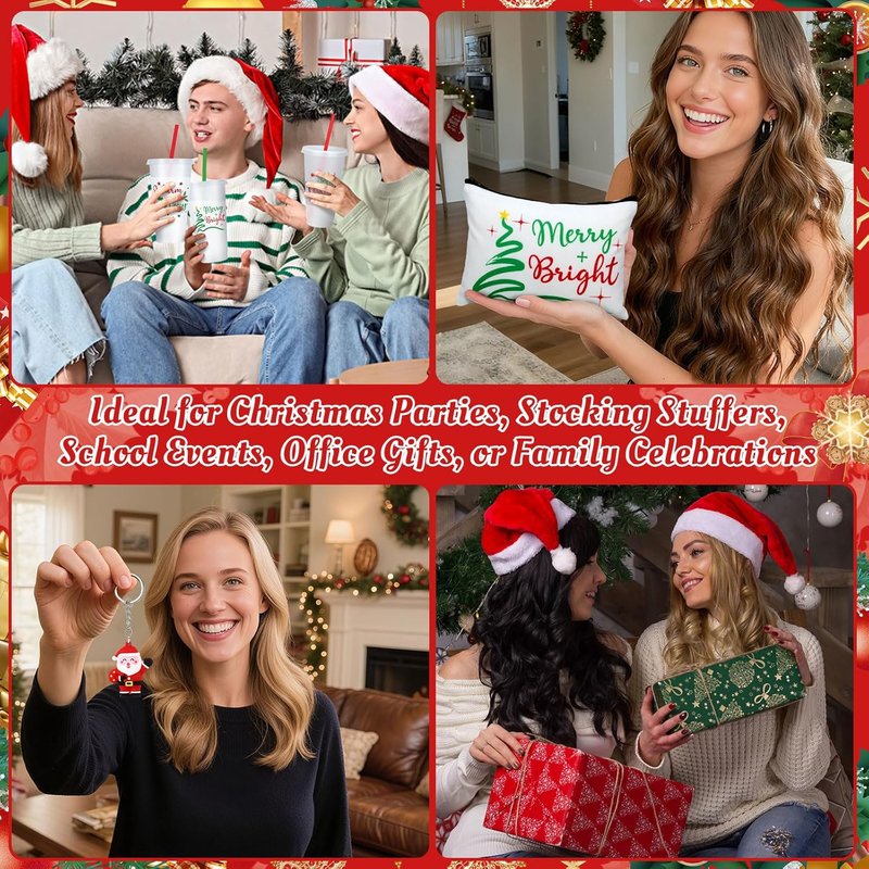 Christmas Gifts Set - 24 Oz Merry Christmas Plastic Tumblers with Lids & Straws | Makeup Bag, Crew Socks & Keychain for Holiday Parties