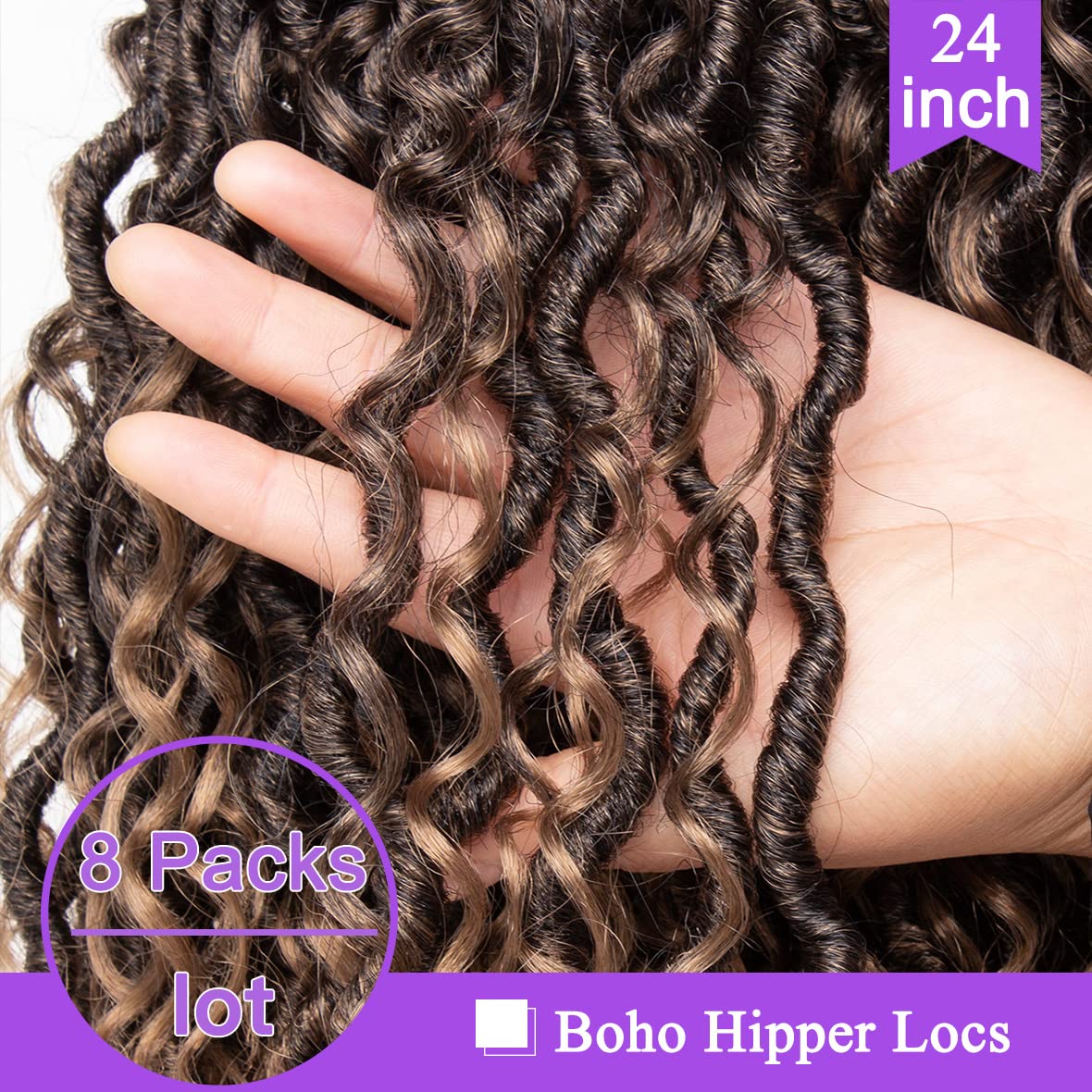 Boho Faux Locs Crochet Hair - 24 Inch Ombre Goddess Locs | 8 Packs Curly Ends Hair Extensions T27#