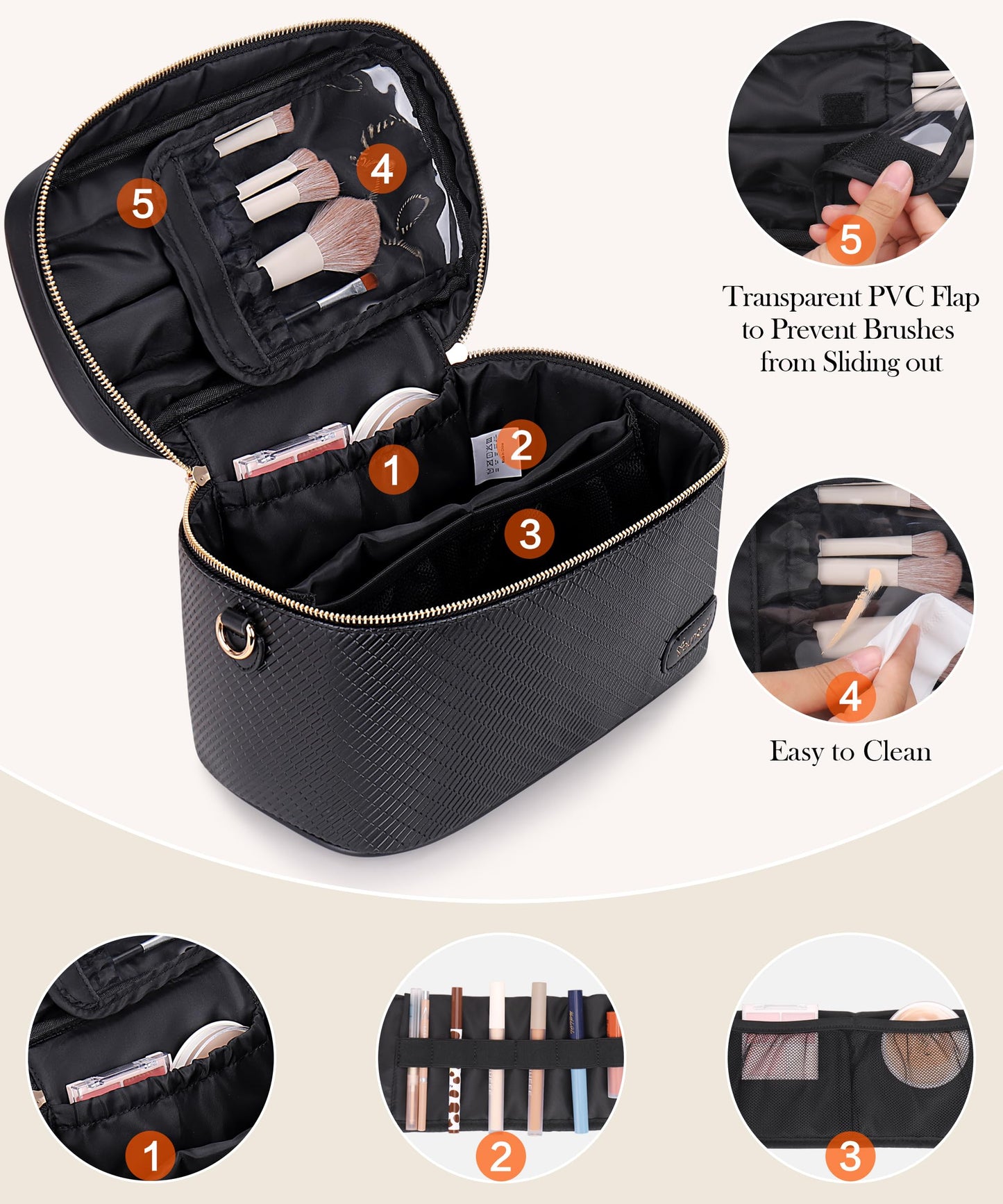 YOUNGOA Large Stylish Makeup Bag Cosmetic Make Up Travel Bag for Women, Delicate Model (Black)