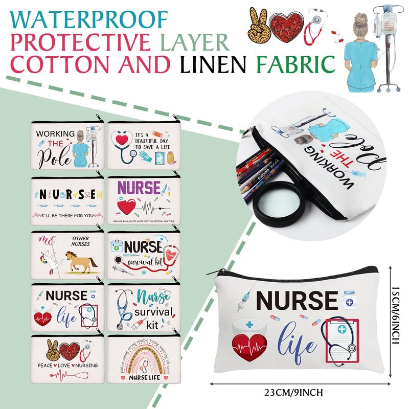Irenare 30 Pcs Nurse Gifts for Women Nurse Survival Kit Canvas Makeup Bags Cosmetic Appreciation Peace Love Nursing Travel Toiletry Case Earpiece Toiletry Zipper Pouch Bag Thank You Gift