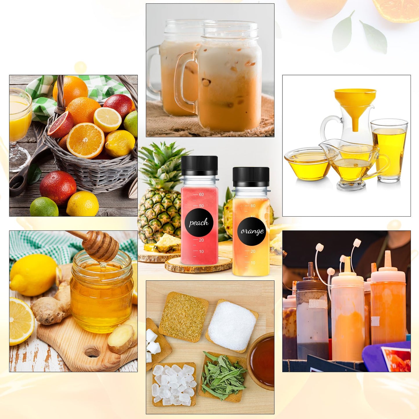 Roshtia 100 Pcs 2 oz Plastic Bottle with Caps for Liquids Small Clear Ginger Shots Bottles with Scale Reusable Mini Jars with Lids and 15 Pcs Funnel 3 Labels for Juice Sauce Bulk Portable Travel