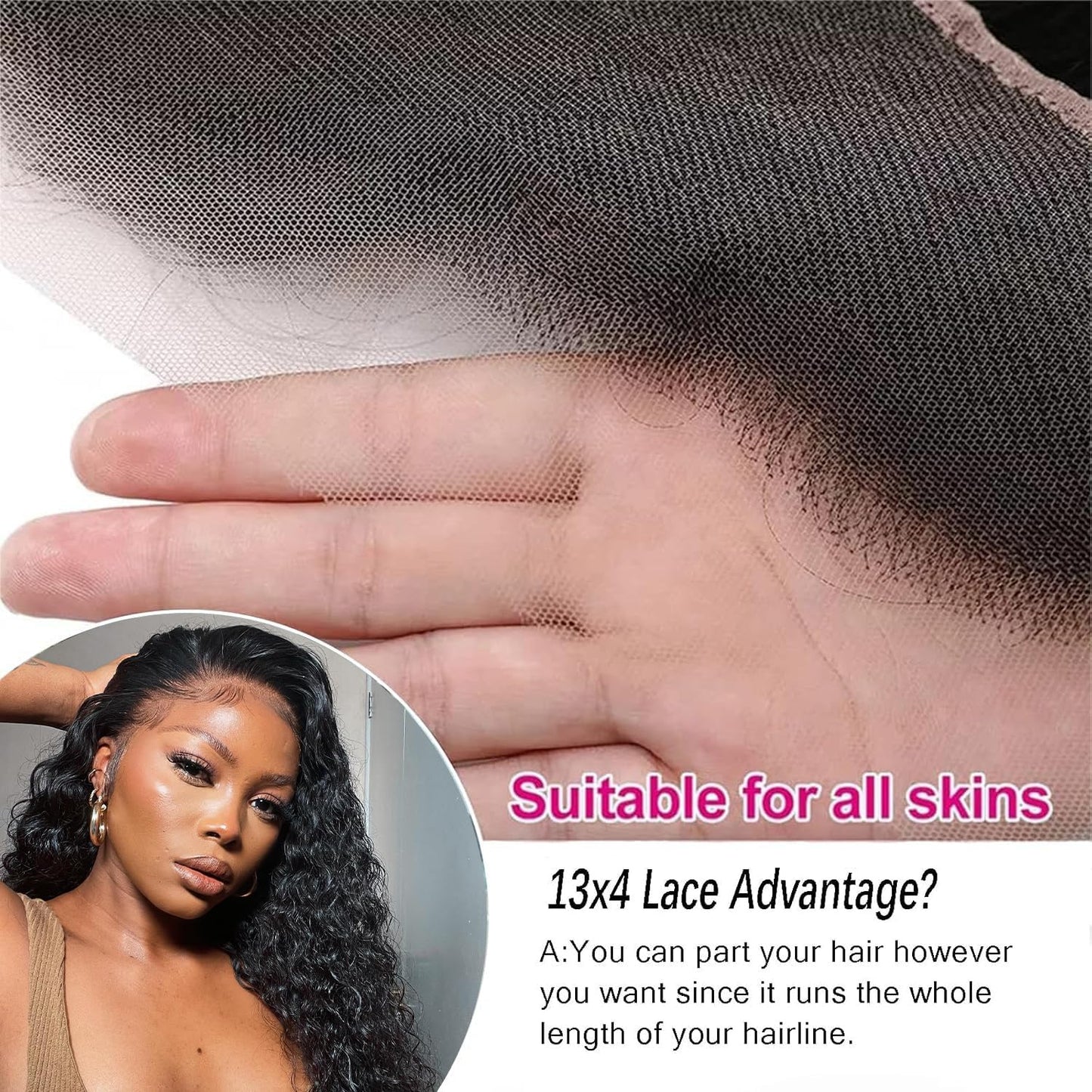 Deep Wave Lace Frontal Closure - 13x4 HD Lace 16 Inch Brazilian Curly Virgin Human Hair Extensions | Pre-Plucked, Natural Black, 150% Density