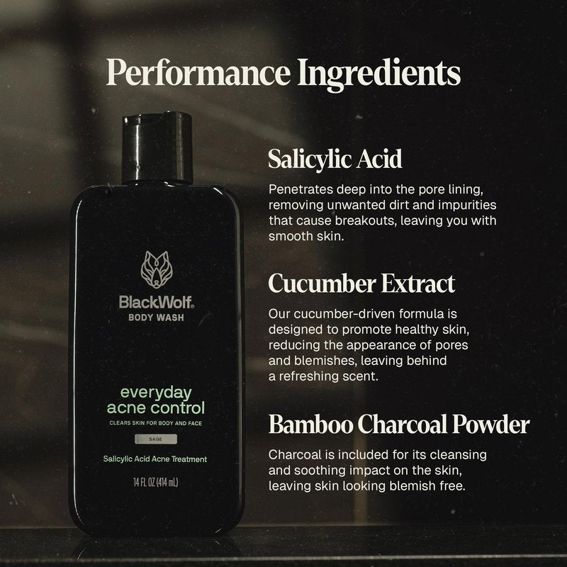 Black Wolf Salicylic Acid Body Wash for Men - 14 Fl Oz Men's Body Acne Wash - Charcoal Helps Reduce Acne Breakouts & Cleanse Your Skin - Full Coverage & Deep Clean Treatment - Men's Bodywash