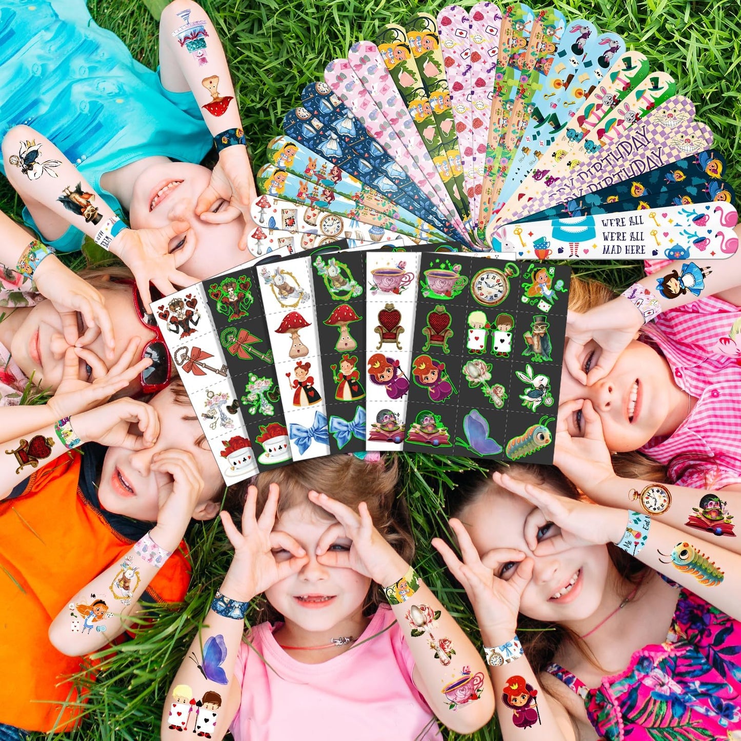 96 Pcs Alice Party Favor Set - Slap Bracelets & Tattoos, Fairytale Princess Birthday Gifts for Girls, Tea Party Decorations, Bulk Toys for Kids
