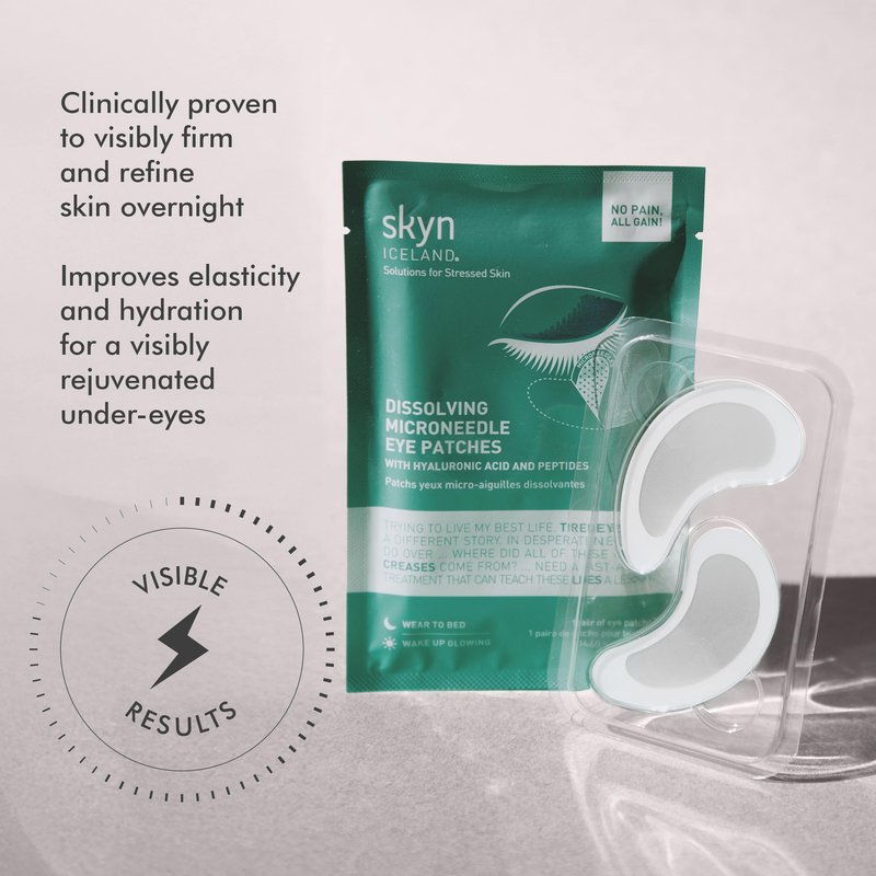 skyn ICELAND Dissolving Microneedle Under-Eye Patches — 39% Hyaluronic Acid & Peptides, No-Slip Overnight Eye Mask, Vegan, All Skin Types, 3 Pairs